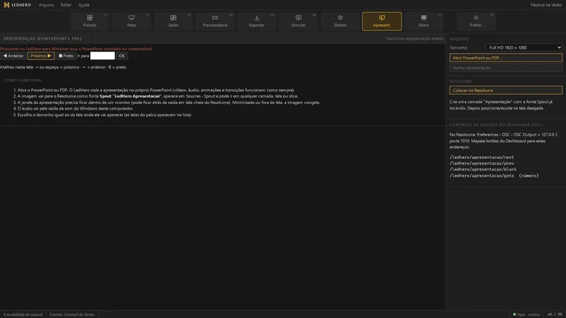 Tela Apresentação com os controles de slide e os endereços OSC para o Resolume.