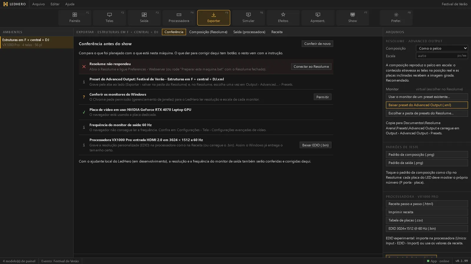 Tela Exportar, aba Conferência, com a lista do que foi checado: Resolume, preset do Advanced Output, monitores, placa de vídeo, frequência e entrada da processadora.