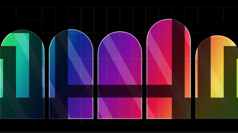 Tela Recortes do LedHero com cinco arcos coloridos recortados sobre os gabinetes do palco de exemplo.