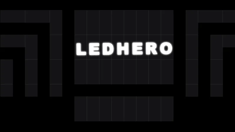 Tela Textos e logos do LedHero com o nome LEDHERO animado sobre o palco de exemplo em F com tela central.